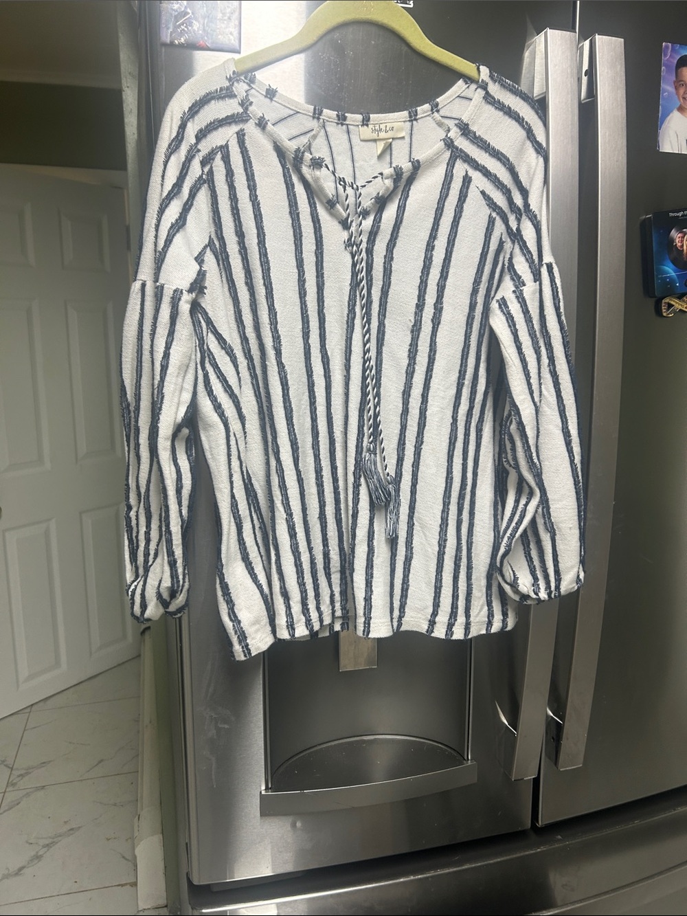 Style & Co. White Peasant Top with Navy Stripes and Tassel Tie